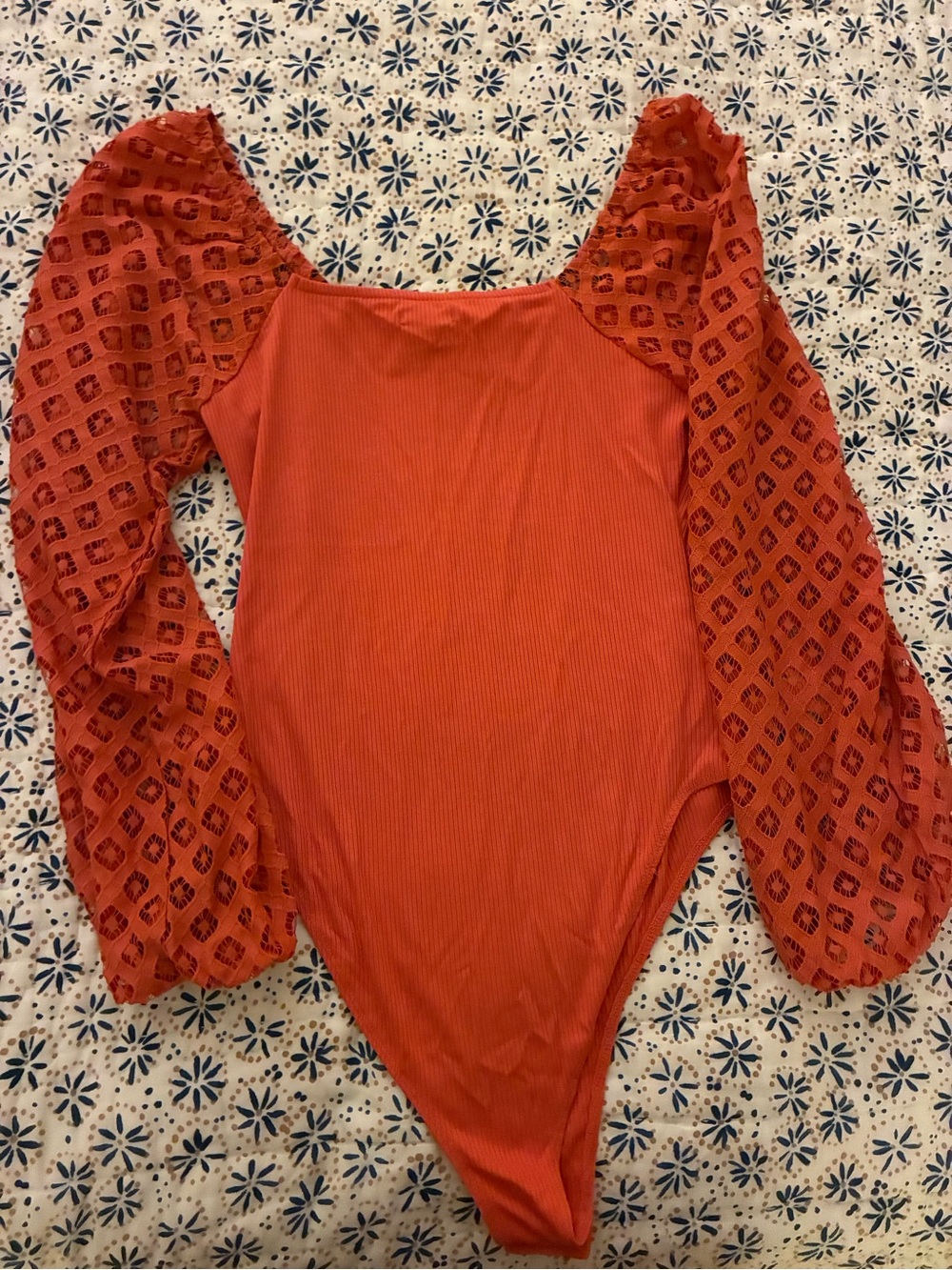 Versona Orange Square-Neck Ribbed Bodysuit with Sheer Puff Sleeves